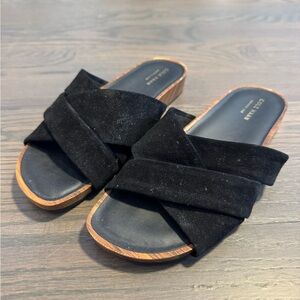 Cole Haan Braelyn Suede Sandals a criss-cross suede upper & a wood-grained heel